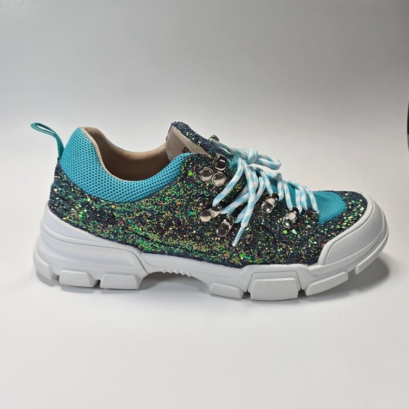 Chase and Chloe Glitter Chunky Sneakers Womens 8.5 Turquoise Y2K NEW NWOB - Picture 3 of 9